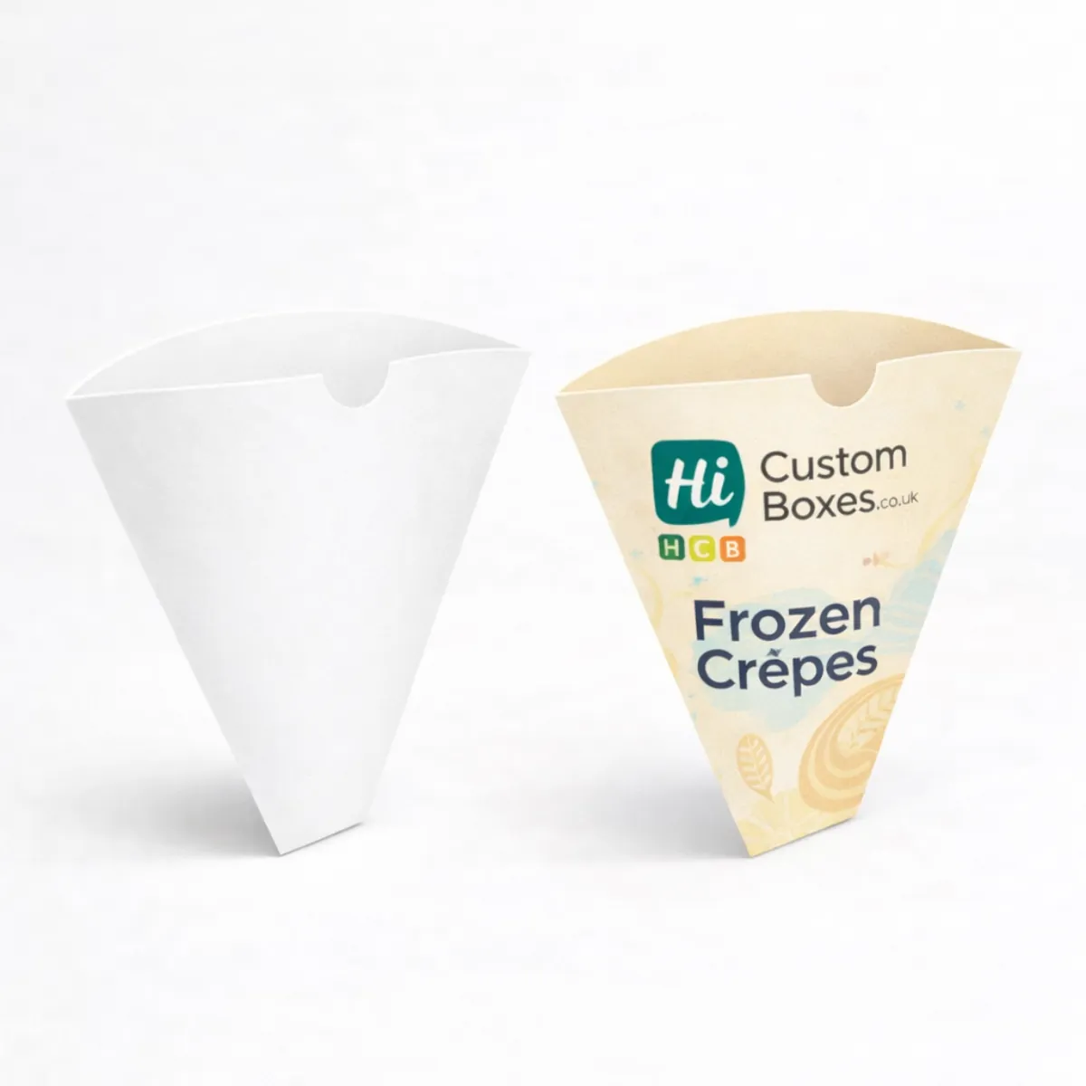 Customised cardboard boxes for frozen crepes highlighting brand logos and a convenient side-opening flap design- class=